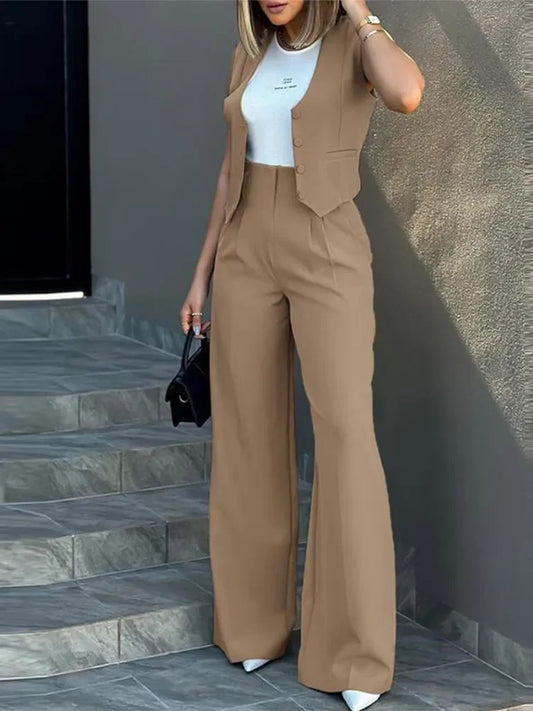 TAMBREET Stylish Women Commuting Vest Tops High Waist Wide Leg Pants 2024 Spring Autumn V Neck Sleeveless Button Regular Work Pants Set