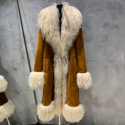 TAMBREET Suede Coat Fur Collar Women Autumn Genuine Sheepskin Coat Long with Mongfolian Fur Trim