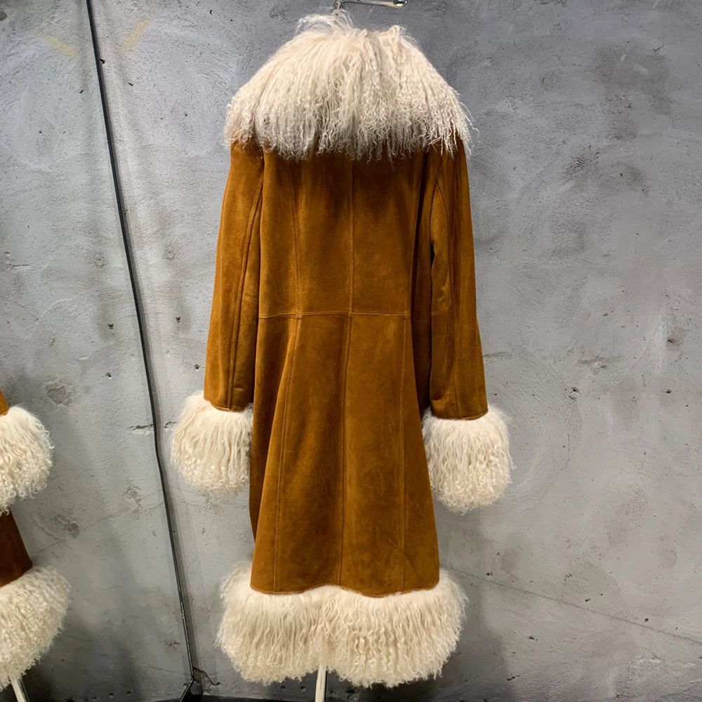 TAMBREET Suede Coat Fur Collar Women Autumn Genuine Sheepskin Coat Long with Mongfolian Fur Trim