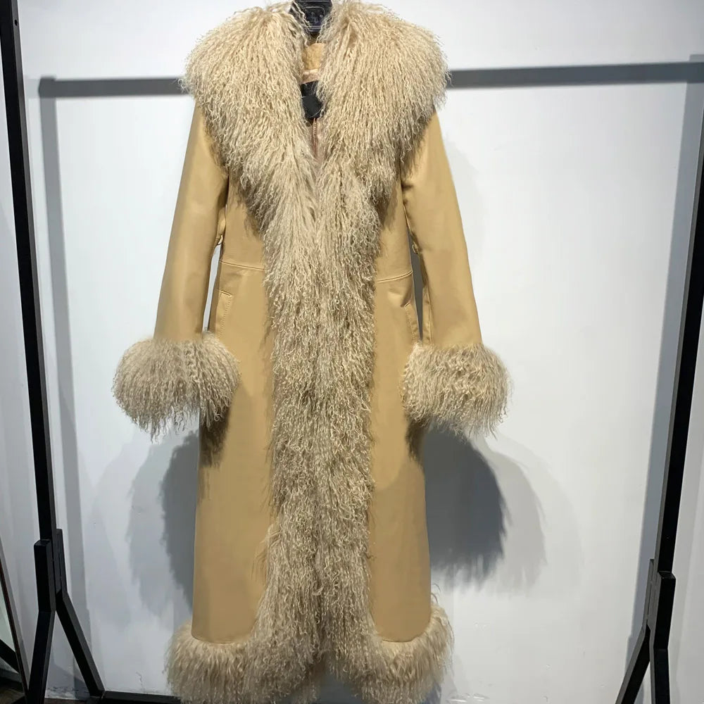 TAMBREET Suede Coat Fur Collar Women Autumn Genuine Sheepskin Coat Long with Mongfolian Fur Trim