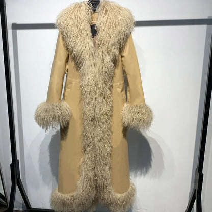 TAMBREET Suede Coat Fur Collar Women Autumn Genuine Sheepskin Coat Long with Mongfolian Fur Trim