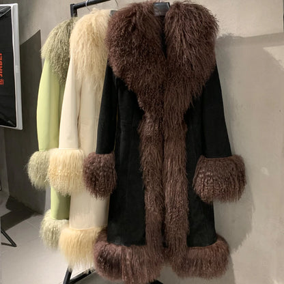 TAMBREET Suede Coat Fur Collar Women Autumn Genuine Sheepskin Coat Long with Mongfolian Fur Trim