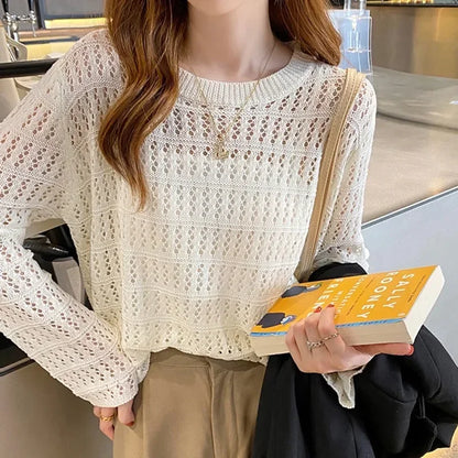 TAMBREET Summer Autumn Casual Ladies Elegant Hollowed Out white Tops Female Fashion spring loose Knitted Mesh thin Pullover Women sweater