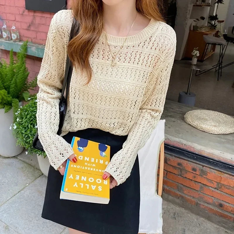 TAMBREET Summer Autumn Casual Ladies Elegant Hollowed Out white Tops Female Fashion spring loose Knitted Mesh thin Pullover Women sweater