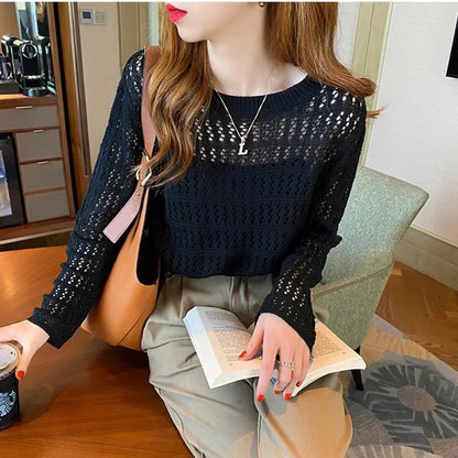 TAMBREET Summer Autumn Casual Ladies Elegant Hollowed Out white Tops Female Fashion spring loose Knitted Mesh thin Pullover Women sweater