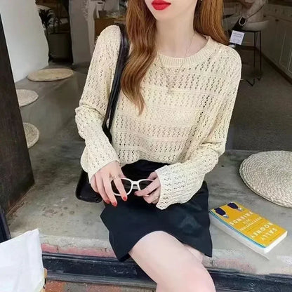 TAMBREET Summer Autumn Casual Ladies Elegant Hollowed Out white Tops Female Fashion spring loose Knitted Mesh thin Pullover Women sweater