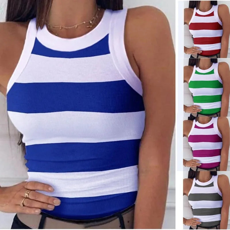 TAMBREET Summer Basic Elastic Tank Top Digital Printing T-shirt Women's O Neck Racerback Sexy Tank Top Stripe Print Sleeveless Tank Top