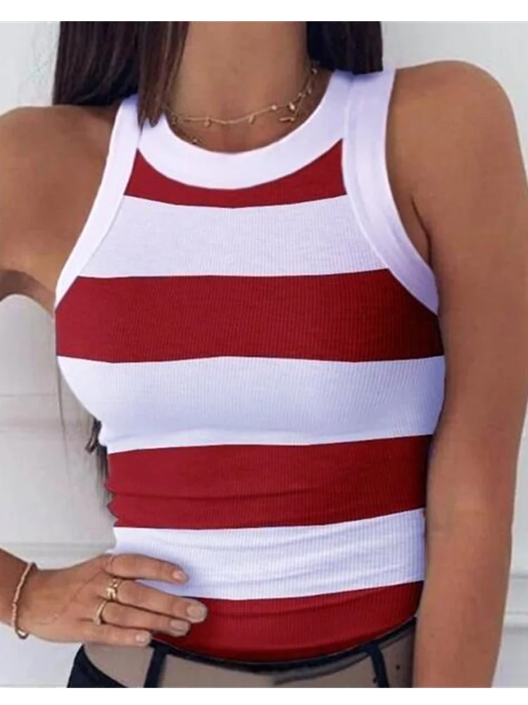 TAMBREET Summer Basic Elastic Tank Top Digital Printing T-shirt Women's O Neck Racerback Sexy Tank Top Stripe Print Sleeveless Tank Top