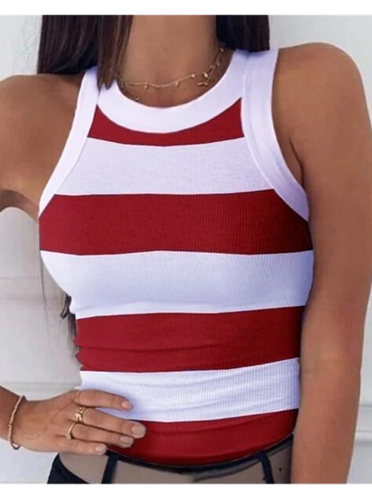 TAMBREET Summer Basic Elastic Tank Top Digital Printing T-shirt Women's O Neck Racerback Sexy Tank Top Stripe Print Sleeveless Tank Top