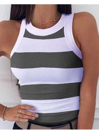 TAMBREET Summer Basic Elastic Tank Top Digital Printing T-shirt Women's O Neck Racerback Sexy Tank Top Stripe Print Sleeveless Tank Top