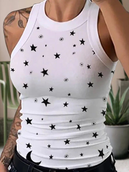 TAMBREET Summer Basic Elastic Tank Top Digital Printing T-shirt Women's O Neck Racerback Sexy Tank Top Stripe Print Sleeveless Tank Top