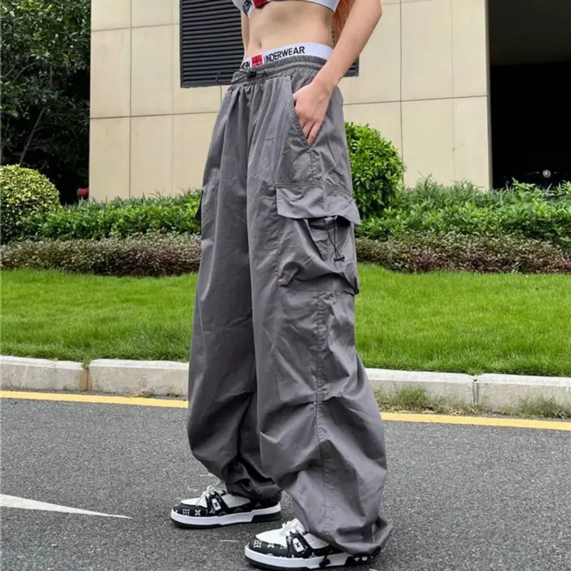 TAMBREET Summer Black Pants Women Streetwear Oversize Pockets Cargo Trousers Harajuku Wide Leg Baggy Sweatpants Women