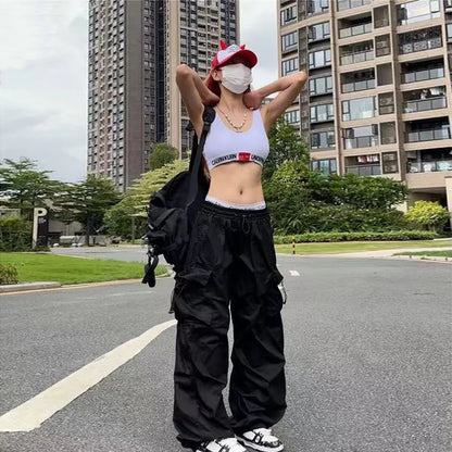 TAMBREET Summer Black Pants Women Streetwear Oversize Pockets Cargo Trousers Harajuku Wide Leg Baggy Sweatpants Women