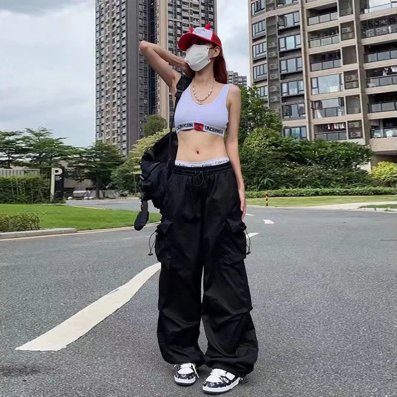 TAMBREET Summer Black Pants Women Streetwear Oversize Pockets Cargo Trousers Harajuku Wide Leg Baggy Sweatpants Women