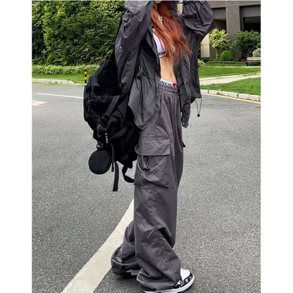 TAMBREET Summer Black Pants Women Streetwear Oversize Pockets Cargo Trousers Harajuku Wide Leg Baggy Sweatpants Women