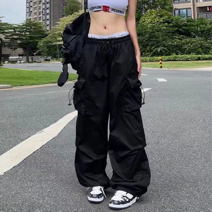 TAMBREET Summer Black Pants Women Streetwear Oversize Pockets Cargo Trousers Harajuku Wide Leg Baggy Sweatpants Women