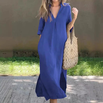 TAMBREET Summer Casual Pleats Side Split Robe Dress Elegant V Neck 3/4 Sleeves High Waist Dress Office Lady Solid Color Loose Long Dress