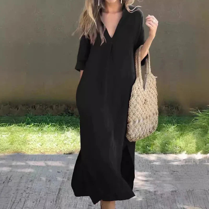 TAMBREET Summer Casual Pleats Side Split Robe Dress Elegant V Neck 3/4 Sleeves High Waist Dress Office Lady Solid Color Loose Long Dress