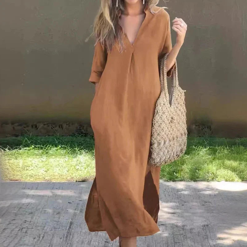 TAMBREET Summer Casual Pleats Side Split Robe Dress Elegant V Neck 3/4 Sleeves High Waist Dress Office Lady Solid Color Loose Long Dress