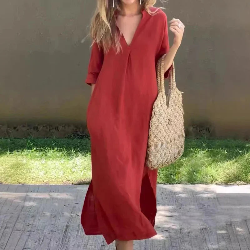 TAMBREET Summer Casual Pleats Side Split Robe Dress Elegant V Neck 3/4 Sleeves High Waist Dress Office Lady Solid Color Loose Long Dress