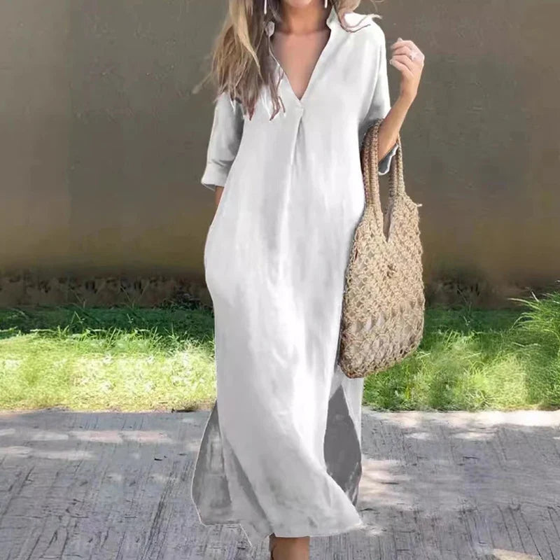 TAMBREET Summer Casual Pleats Side Split Robe Dress Elegant V Neck 3/4 Sleeves High Waist Dress Office Lady Solid Color Loose Long Dress