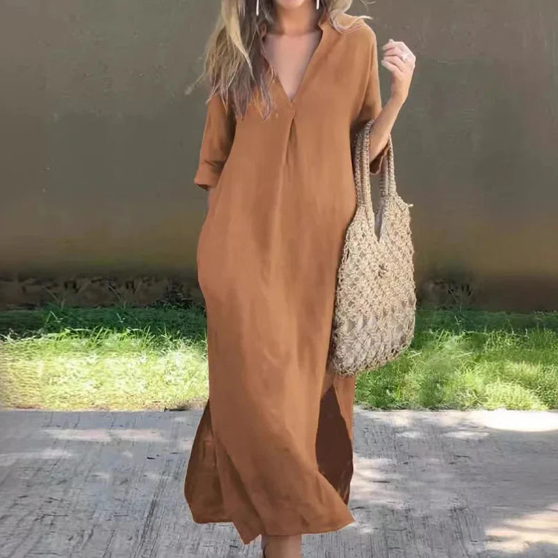 TAMBREET Summer Casual Pleats Side Split Robe Dress Elegant V Neck 3/4 Sleeves High Waist Dress Office Lady Solid Color Loose Long Dress