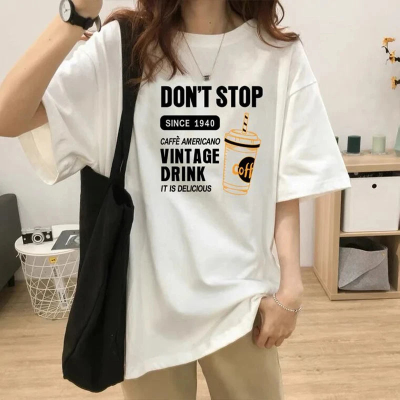 TAMBREET Summer Coffee Letter Pattern Printed T-shirt White Simple and Versatile Fashion Casual Short Sleeved Trendy Women's Top