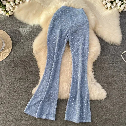 TAMBREET Summer European Retro Elegant Elastic High Waist Diamond Leopard Print Bell-Bottom Pants Women's See-through Casual Mop Trousers