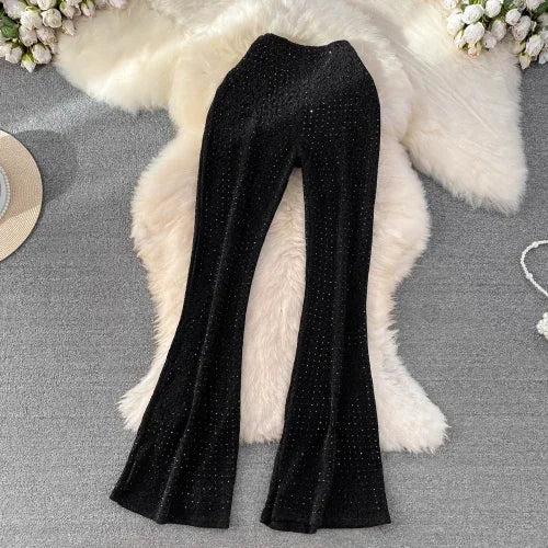 TAMBREET Summer European Retro Elegant Elastic High Waist Diamond Leopard Print Bell-Bottom Pants Women's See-through Casual Mop Trousers