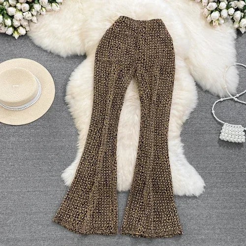 TAMBREET Summer European Retro Elegant Elastic High Waist Diamond Leopard Print Bell-Bottom Pants Women's See-through Casual Mop Trousers