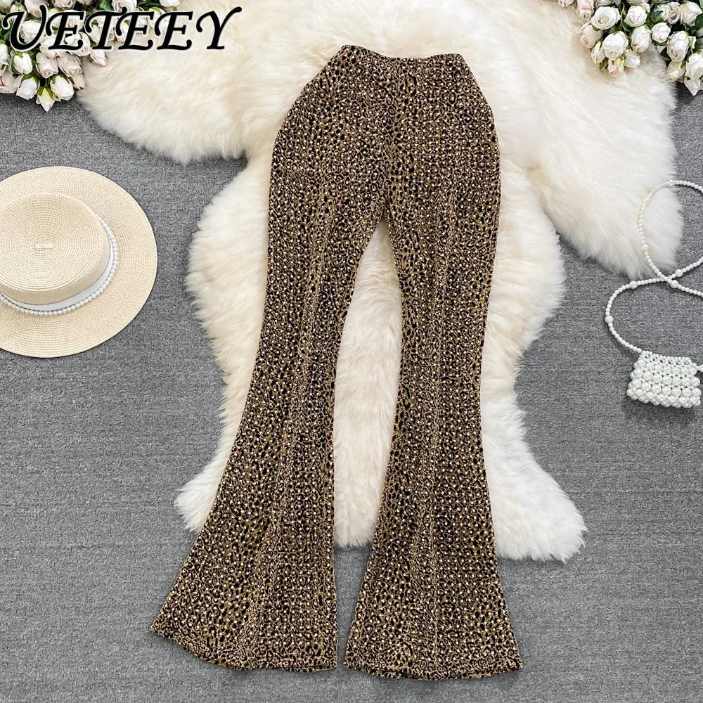 TAMBREET Summer European Retro Elegant Elastic High Waist Diamond Leopard Print Bell-Bottom Pants Women's See-through Casual Mop Trousers