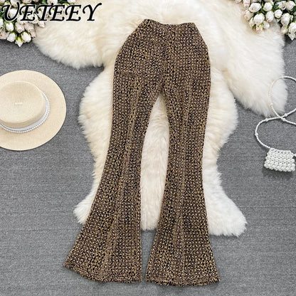 TAMBREET Summer European Retro Elegant Elastic High Waist Diamond Leopard Print Bell-Bottom Pants Women's See-through Casual Mop Trousers