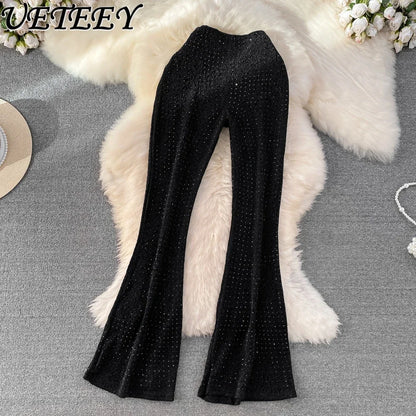 TAMBREET Summer European Retro Elegant Elastic High Waist Diamond Leopard Print Bell-Bottom Pants Women's See-through Casual Mop Trousers