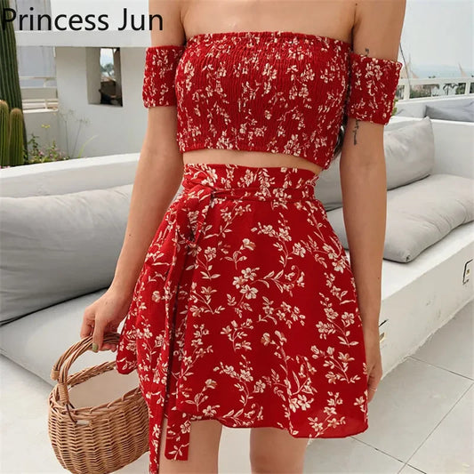 TAMBREET Summer Floral 2 Piece Sets Outfits Sexy Slash Neck Off Shoulder Shirt Crop Top&High Waist Mini Skirt Small Girl 2pc Dress Suits