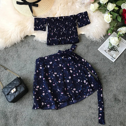 TAMBREET Summer Floral 2 Piece Sets Outfits Sexy Slash Neck Off Shoulder Shirt Crop Top&High Waist Mini Skirt Small Girl 2pc Dress Suits