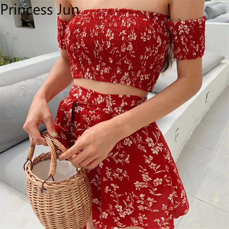 TAMBREET Summer Floral 2 Piece Sets Outfits Sexy Slash Neck Off Shoulder Shirt Crop Top&High Waist Mini Skirt Small Girl 2pc Dress Suits