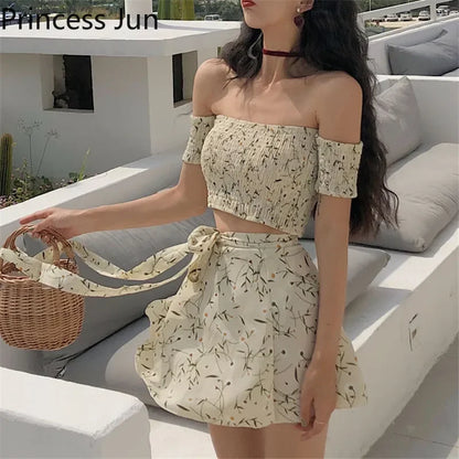 TAMBREET Summer Floral 2 Piece Sets Outfits Sexy Slash Neck Off Shoulder Shirt Crop Top&High Waist Mini Skirt Small Girl 2pc Dress Suits