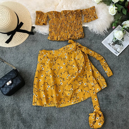 TAMBREET Summer Floral 2 Piece Sets Outfits Sexy Slash Neck Off Shoulder Shirt Crop Top&High Waist Mini Skirt Small Girl 2pc Dress Suits