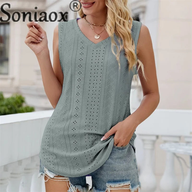 TAMBREET Summer Hollow Out Breathable Vest Women's Daily Commuter Casual Sleeveless Tops Female Solid Color Loose V Neck Pullover T-Shirt