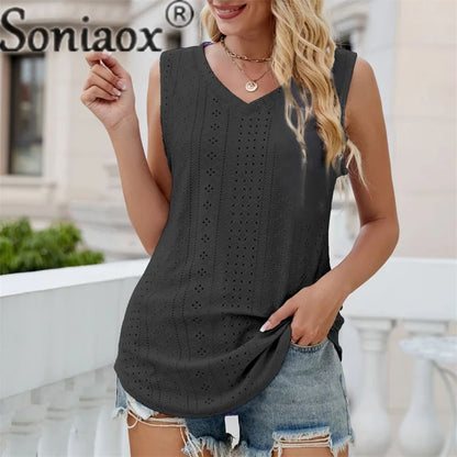 TAMBREET Summer Hollow Out Breathable Vest Women's Daily Commuter Casual Sleeveless Tops Female Solid Color Loose V Neck Pullover T-Shirt