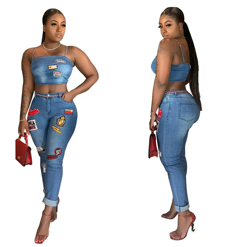 TAMBREET Summer Jeans Outfits 2024 Women Clothes Sets 2 Piece Birthday Party Club Sexy Crop Top and Pants Denim Two Piece Mathcing Set