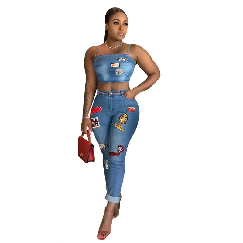 TAMBREET Summer Jeans Outfits 2024 Women Clothes Sets 2 Piece Birthday Party Club Sexy Crop Top and Pants Denim Two Piece Mathcing Set