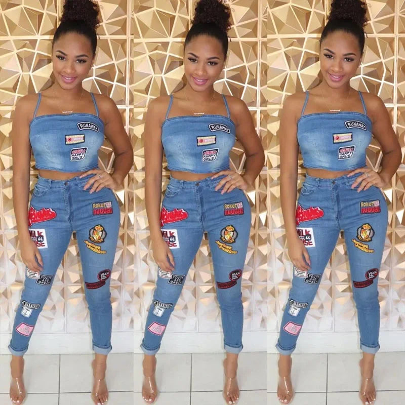 TAMBREET Summer Jeans Outfits 2024 Women Clothes Sets 2 Piece Birthday Party Club Sexy Crop Top and Pants Denim Two Piece Mathcing Set