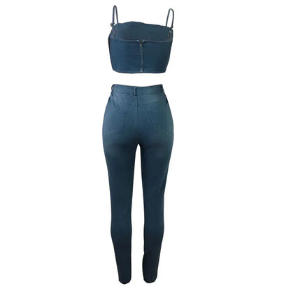 TAMBREET Summer Jeans Outfits 2024 Women Clothes Sets 2 Piece Birthday Party Club Sexy Crop Top and Pants Denim Two Piece Mathcing Set