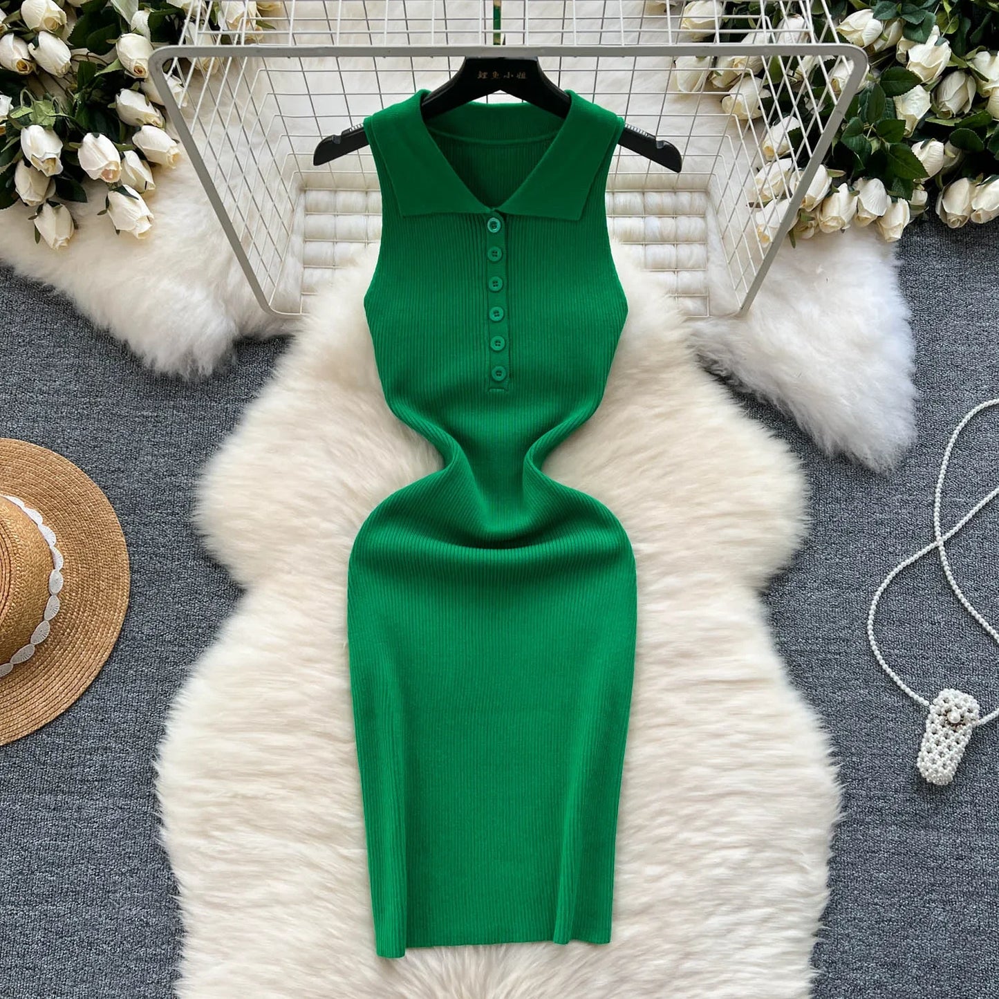 TAMBREET Summer Knitted Bodycon Sexy Dress 2024 Solid Sleeveless Buttoms Party Sundress High Street Elastic Slim Short Dress