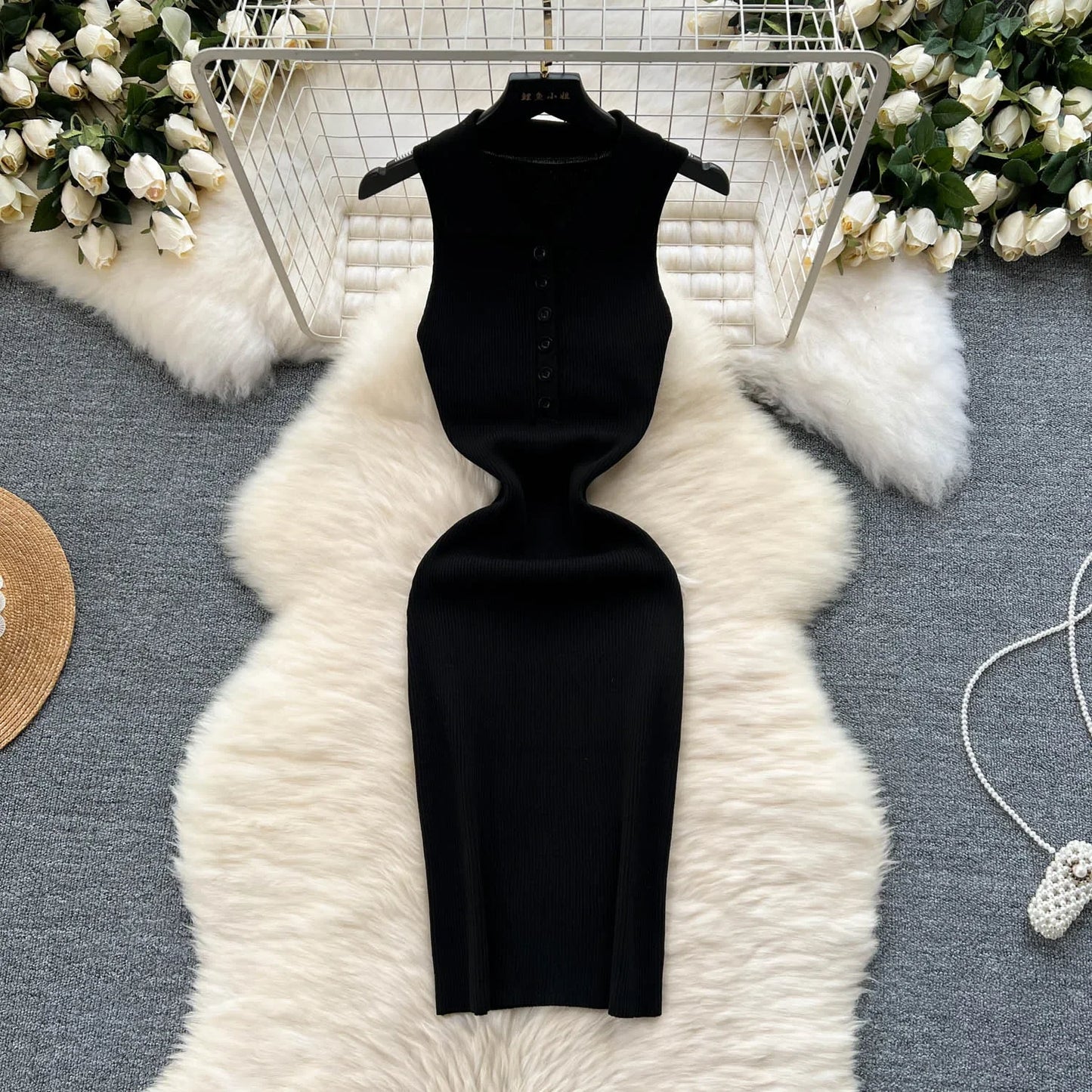 TAMBREET Summer Knitted Bodycon Sexy Dress 2024 Solid Sleeveless Buttoms Party Sundress High Street Elastic Slim Short Dress