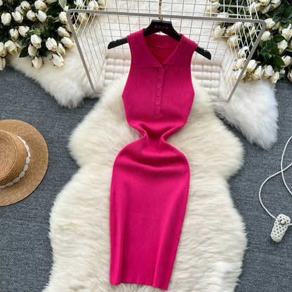 TAMBREET Summer Knitted Bodycon Sexy Dress 2024 Solid Sleeveless Buttoms Party Sundress High Street Elastic Slim Short Dress