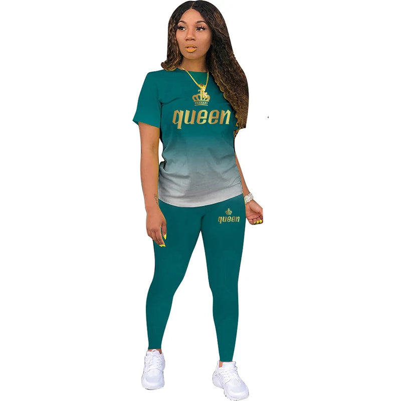 TAMBREET Summer Ladies Short Sleeve Two Piece Set Women T-shirt Pants Sports Suit Tracksuits Streetwear Femme Clothing