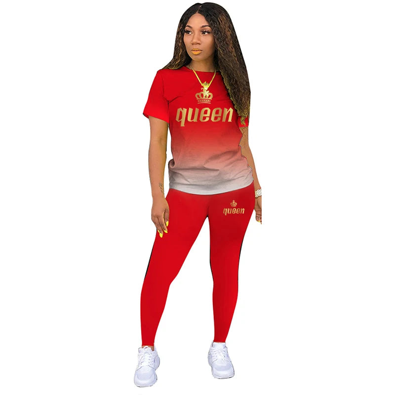 TAMBREET Summer Ladies Short Sleeve Two Piece Set Women T-shirt Pants Sports Suit Tracksuits Streetwear Femme Clothing