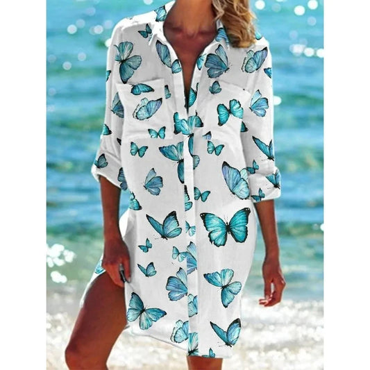 TAMBREET Summer New Butterfly 3D Printed Hawaiian Women's Shirt Dress Women's Beach Sexy Shirt Coat Shirt Long sleeved Maxi